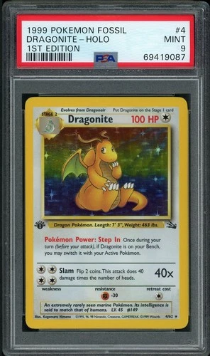 1999 Pokémon Fossil Dragonite Holo 1st Edition PSA 9 Mint