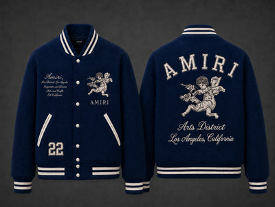 AMIRI Men s Blue Full Wool Varsity Jacket Embroidered Angel Bomber College 