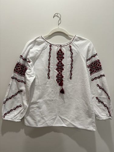 Vyshyvanka Ukrainian Traditional Blouse womens Small 100% Cotton Embroidered Red