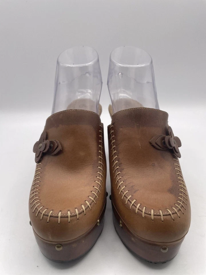 Xhilaration Platform Mule Heel Women Sz 6 Brown Leather Studded Wooden Slip On - Image 2 of 4