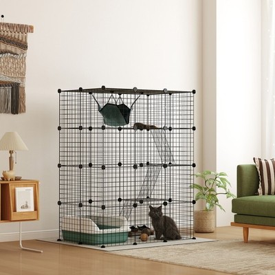 Großer Katzenkäfig, Indoor Katzengehege, vierstufiger Katzenlaufstall mit Hängematte, Rampen
