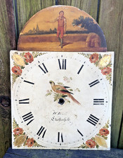 Antique Grandfather long case clock face hand painted dial Georgian bird farmer