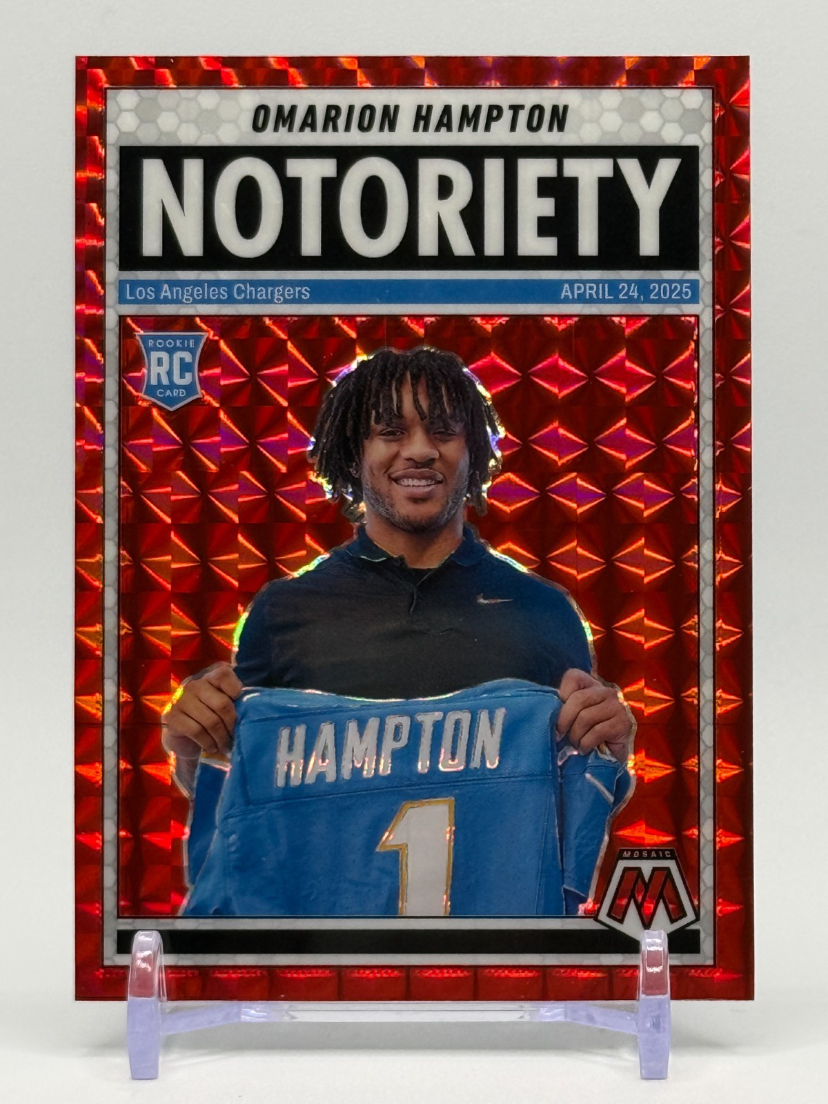 2025 Panini Mosaic Omarion Hampton Notoriety Red Prizm #20 Chargers