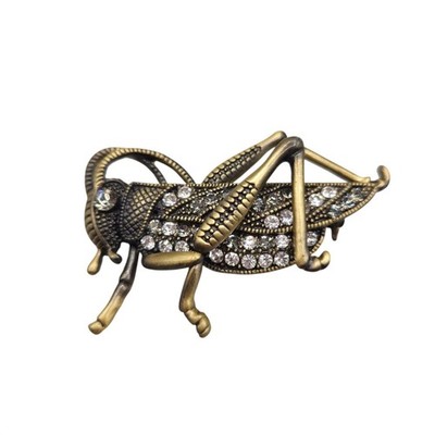 Grasshopper Rhinestone Brooch Pin Antiqued Gold Tone Finish Insect Jewelry