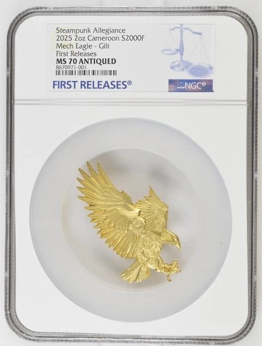 2 Oz Silver Coin 2025 Cameroon Steampunk Mech Eagle Gold Gild NGC M S70 POP 2!