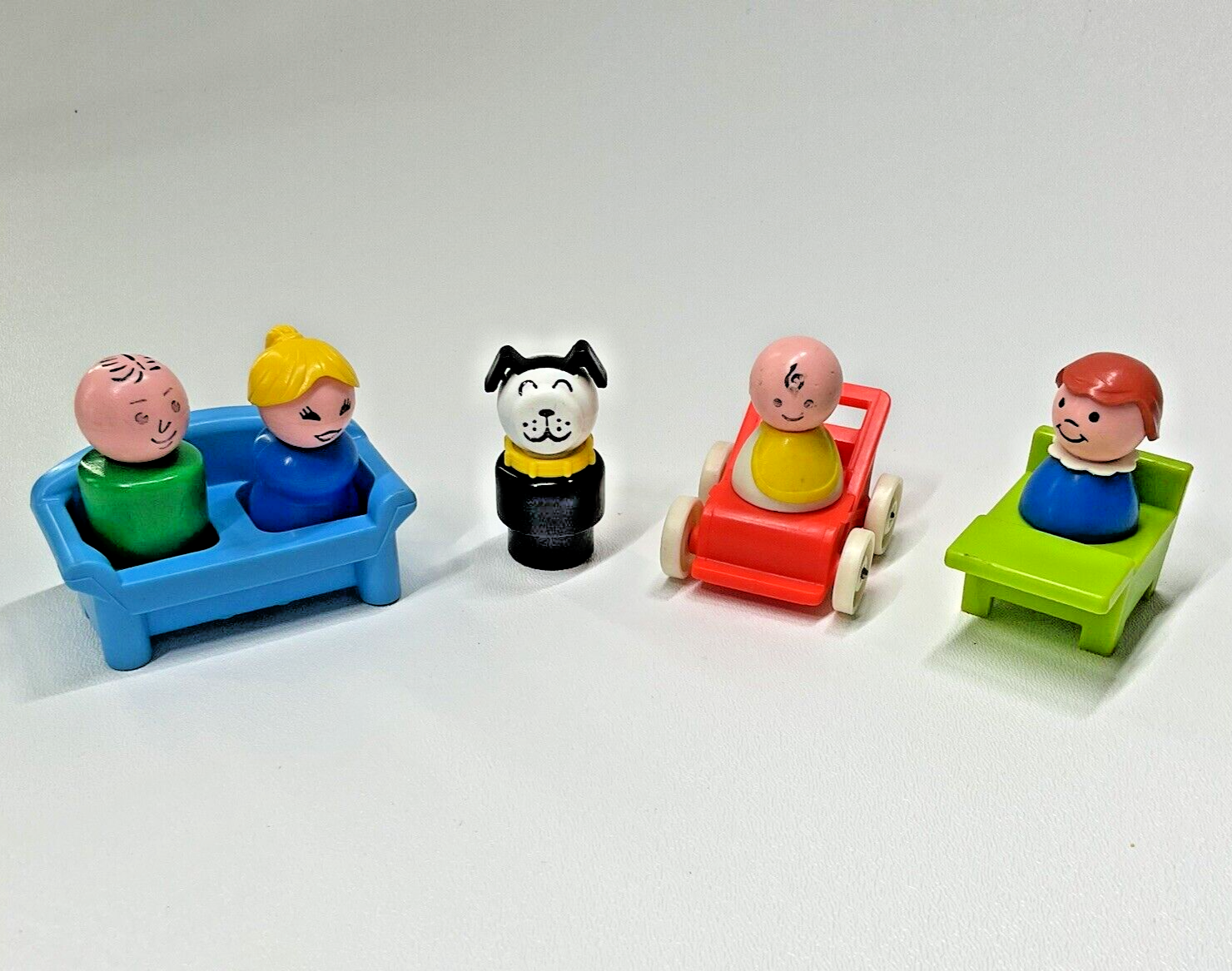 VTG Fisher Price Little People Family Lucky Dog Blue Couch Baby Stroller Desk