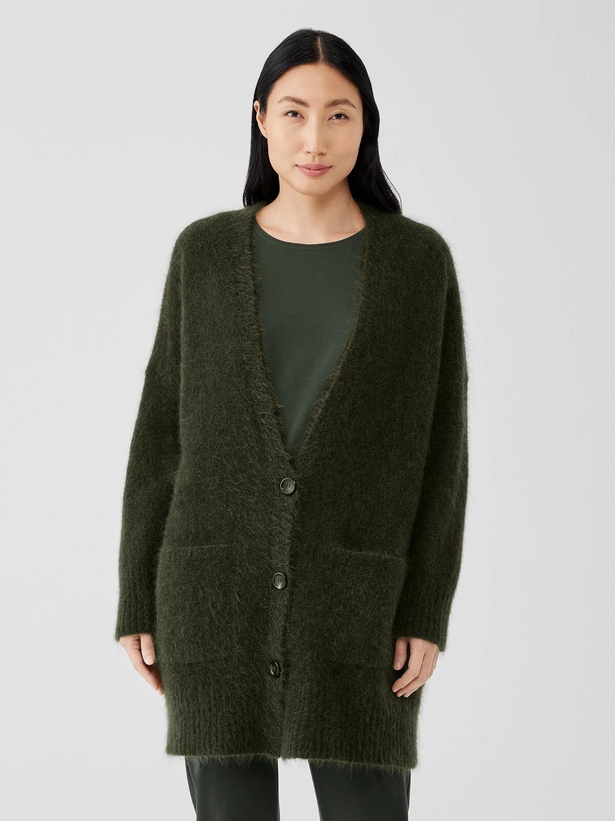 NEW EILEEN FISHER WOODLAND GREEN MOHAIR PLUSH MELANGE V-NECK
