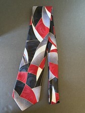 Oleg Cassini men's necktie red gray white geometric USA polyester made in D.R.