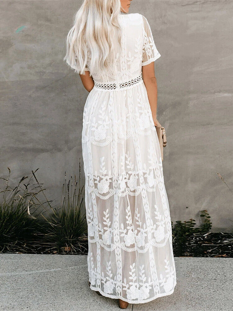 Boho Women Maxi Dress Embroidery White Lace long Beach Dress Women