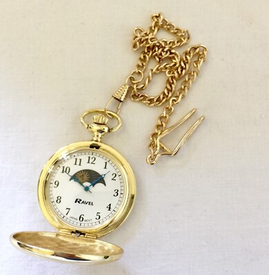 VINTAGE OLD STOCK Gold Plated Quartz Moon/Sun Pocket Watch FULL WORKING  ORDER