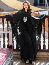 Islamic Women Elegant Black Embroidery Batwing Sleeve Maxi Dress Abaya Kaftan