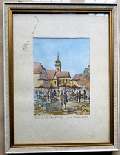 Bad Cannstadt Church Marketplace People Antique Old Town Baroque Vintage Signed