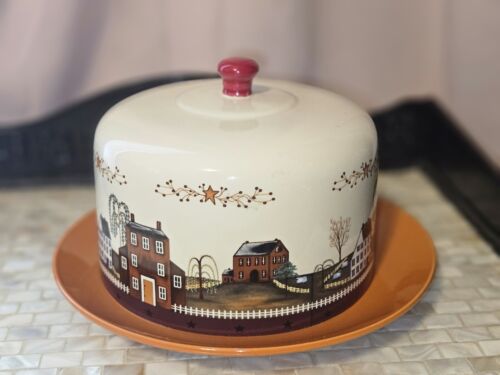 VGT Ceramic Cake or Cheese Cover & Platter, houses/country/farms/Sheep/Autumn - Picture 1 of 7