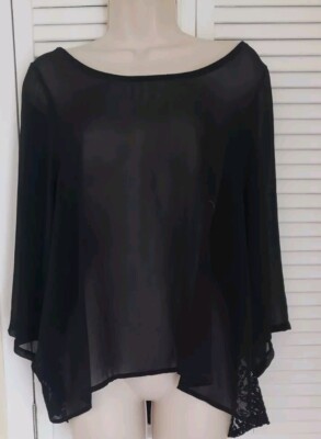 TOTO COLLECTION BLACK CHIPHON LACE BACK W/ BUTTONS BLOUSE TOP MEDIUM