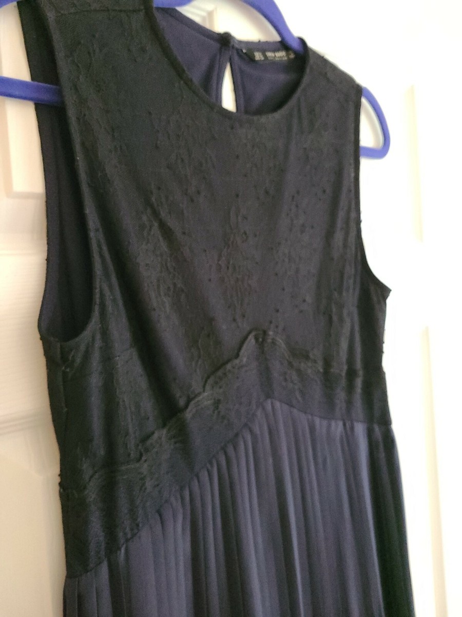 Zara Pleated Lace Midi Dress Navy Dark Blue Romantic Empite waist Size M |  eBay