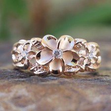 Hawaiian Silver Pink Gold Three Plumerias Scroll CZ Wedding Ring Band 8mm SR3259