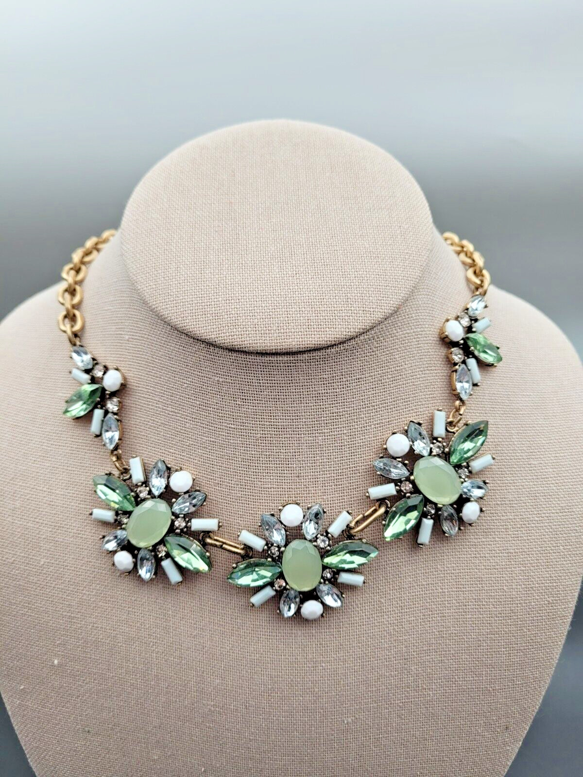 Statement Necklace Bib Mint White Rhinestones Gol… - image 2