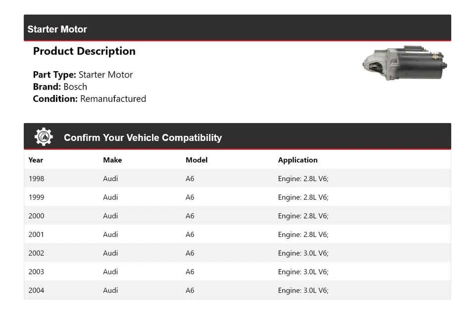 Para 1998-2004 Audi A6 Bosch Starter (Remanufaturado) 1999 2000 2001 2002 2003 - Imagem 2 de 4