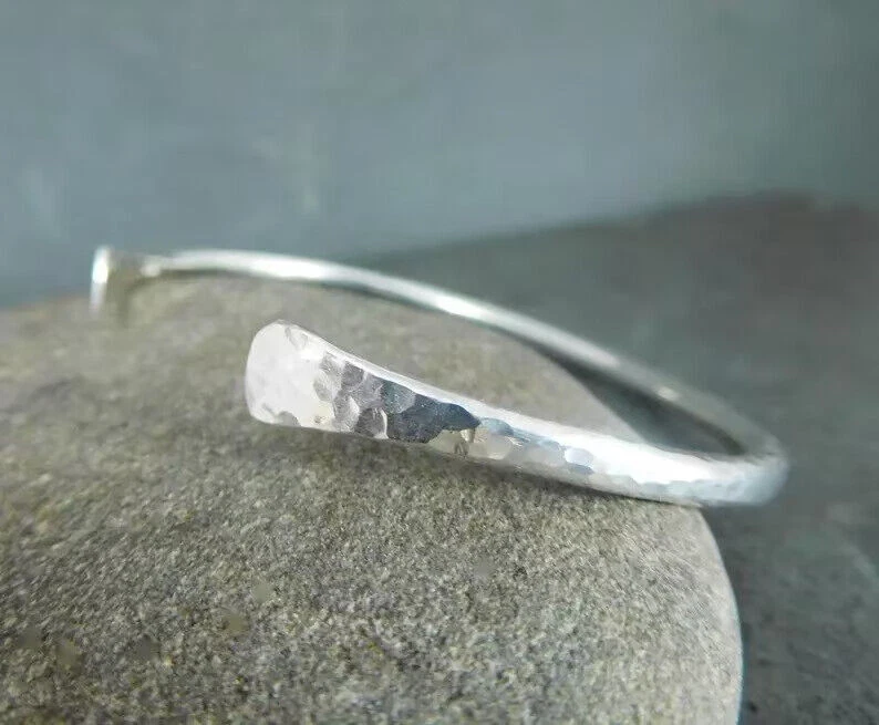 Solid Sterling Silver Cuff Bracelet Hammered Adjustable Bangle 925 Simple Silver - Image 2 of 4