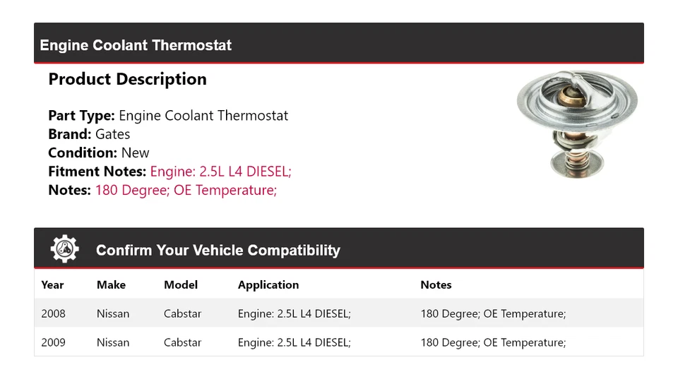 For 2008-2009 Nissan Cabstar 2.5L L4 DIESEL Engine Coolant Thermostat Gates - Image 2 of 4