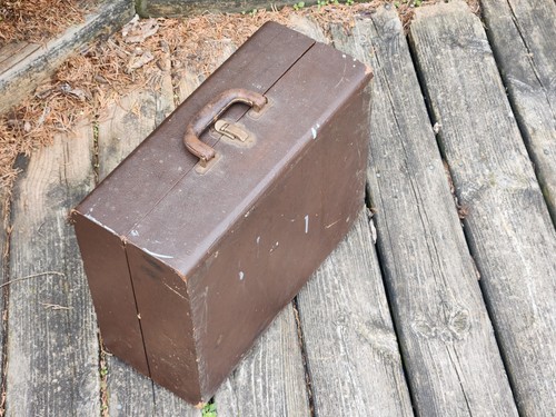 Caja de madera estuche de almacenamiento tapa con bisagras mango de cuero 16x13x7 vintage antiguo - Imagen 16 de 24
