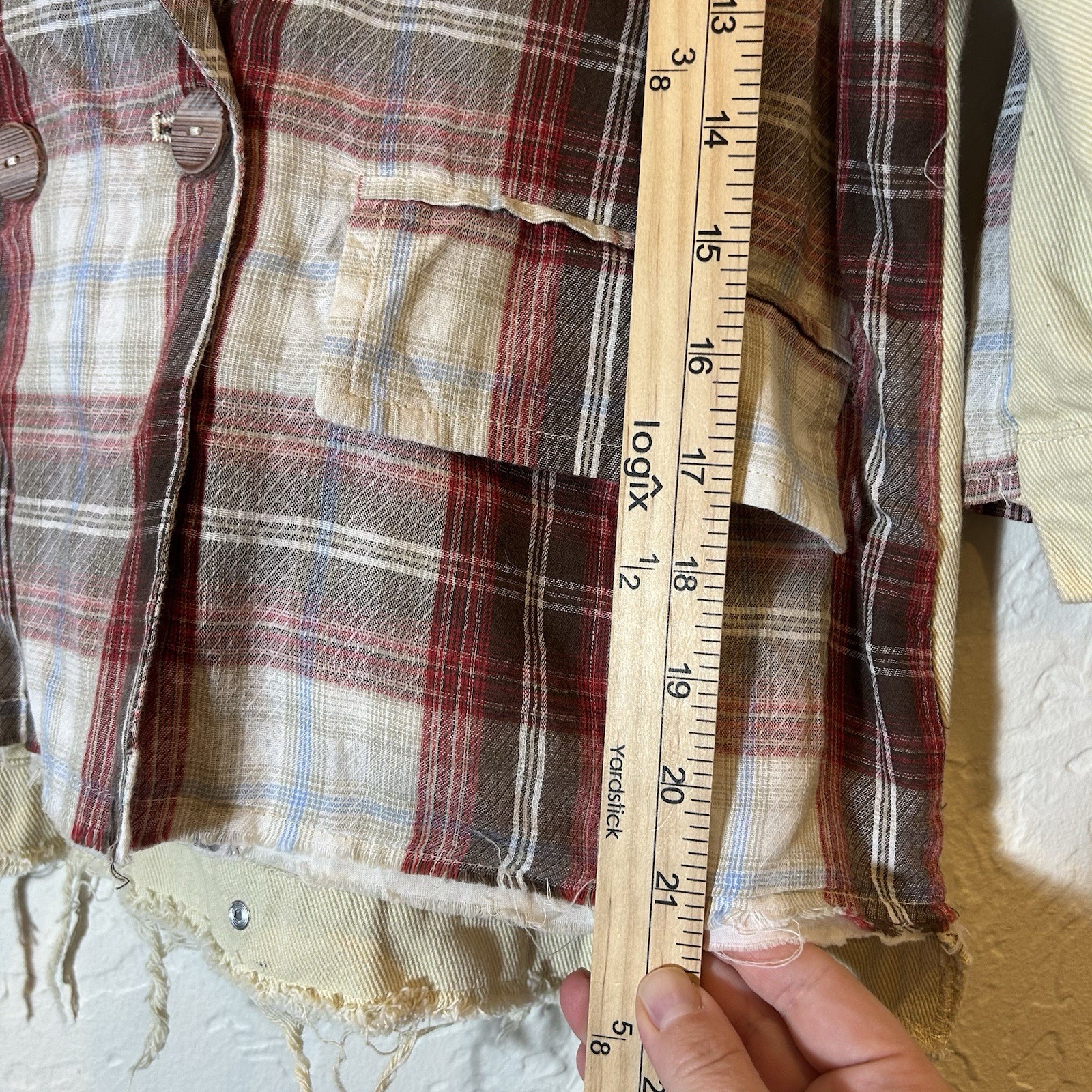 POL Plaid Patchwork Jacket Raw Hem Distressed Cot… - image 14