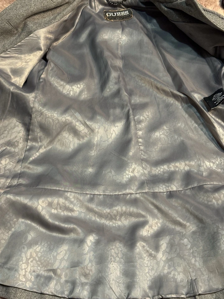 Guess Wool Blend Trench Coat Heather Grey Women’s Size S Belted Cuff Flare Hem - Image 3 of 4