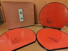 Echizen Kawada-nuri Lacquer Serving Plates Set of 3 24.6cm Natural Wood Unused