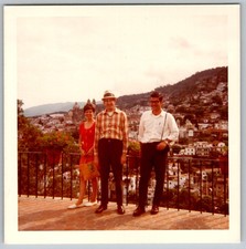Vtg Color Snapshot Group Woman Red Dress Men Hillside Town View Travel 1970