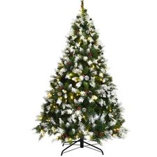6 FT Pre-lit Snowy Christmas Tree with 8 Lighting Modes Pine Cones & Red Berries