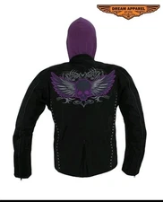 Women's Motorcycle Textile Studded Jacket w/ Purple Hoodie & Winged Skull Design