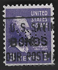 Scott# 807 3c Thomas Jefferson with Perfins & Slogan Cancel (B-1)