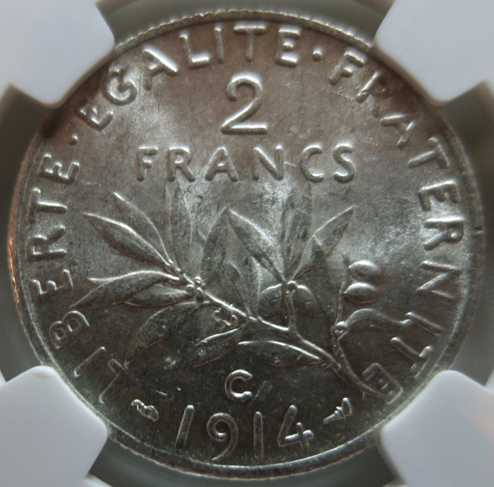 FRANCE 2 francs 1914 C NGC AU 58 UNC Silver Castelsarrasin Liberty Sowing Seeds - Image 2 of 3