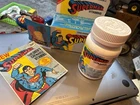 Vintage SUPERMAN VITAMINS  Chewable Vitamins Empty Bottle, Box, & 5 Tablet RARE