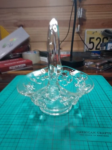 Vintage Fenton Clear Glass Basket with Applied Handle Flowers Floral Design