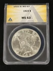 1923 Peace Dollar MS 63 ANACS 90% Silver $1 Uncirculated