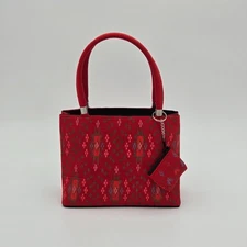 Handwoven Red Ikat Fabric Handbag With Dual Handles & Small Pouch