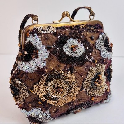 SANTI Y2K Brown Silk Beaded Sequin Tiger's Eye Evening Luxury Hand Bag