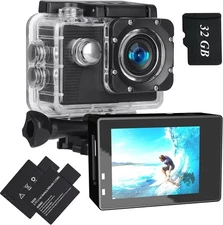 Action Camera 1080P Sports Camera 32GB Memory Card Action Cam 4xZoom 131ft Un...