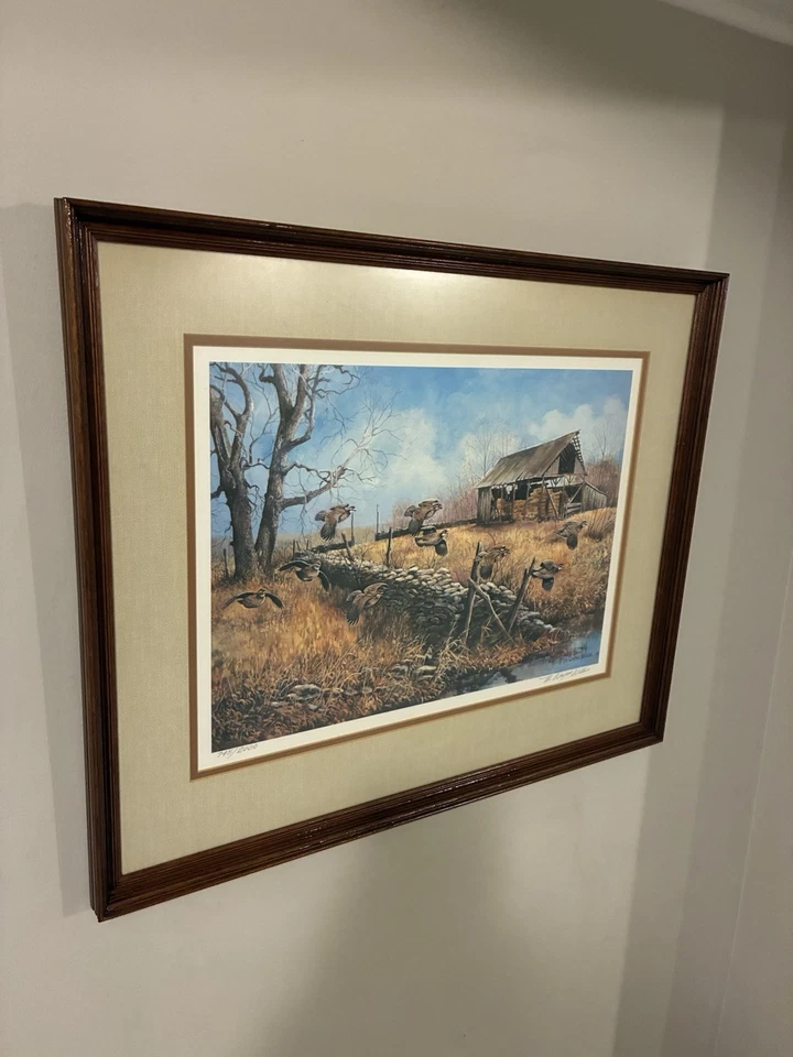 Pintura con impresión artística firmada a mano "Brush Creek Covey" de M. Wayne Willis, enmarcada como nueva Foto 3 de 4