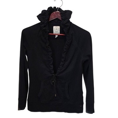 TOM TAILOR Black Ruffle Hooded Sweatshirt Hoodie Lace Up Pocket Women's Size 40