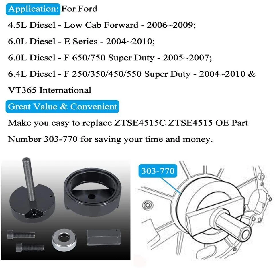 Herramienta de instalación de sello principal trasero del cigüeñal 303-770 para Ford 4,5 L, 6,0 L y 6,4 L Foto 3 de 4