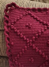 Handmade Crochet Afgan Lap Blanket Throw Burgundy/Maroon 3D raised design 44"X47