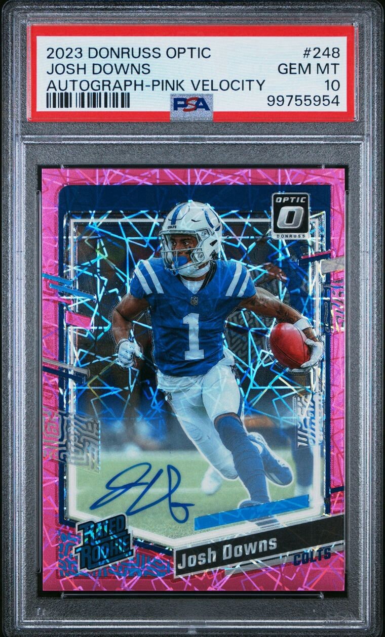 2023 Optic Josh Downs Pink Velocity Prizm Rated Rookie Auto RC 50/50 PSA 10 POP2