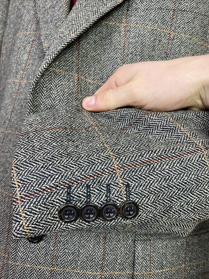 Men’s British Herringbone Windowpane TWEED Modern Wool Sport Jacket Blazer (44R) - Image 2 of 4