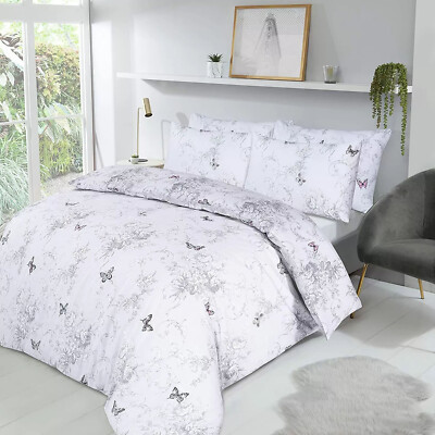 NightComfort Toile Floral Schmetterlinge Print Bettbezug mit Kissenbezug, Weiß