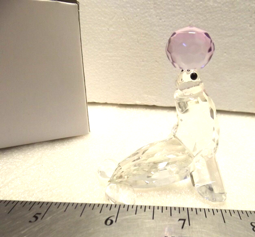 Vintage New Art Glass Crystal Seal Figurine Balancing LAVENDER Ball on Nose NIB - Picture 3 of 4