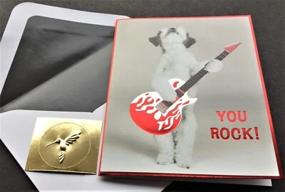 *ONE* Papyrus SMALL Dog Playing Guitar Blank Note Card Gold Seal Silver Foil 1