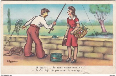 G854 ILLUSTRATION SIGNIERT ELIE LECHAT - FISCHER - FRAU - WORTSPIEL