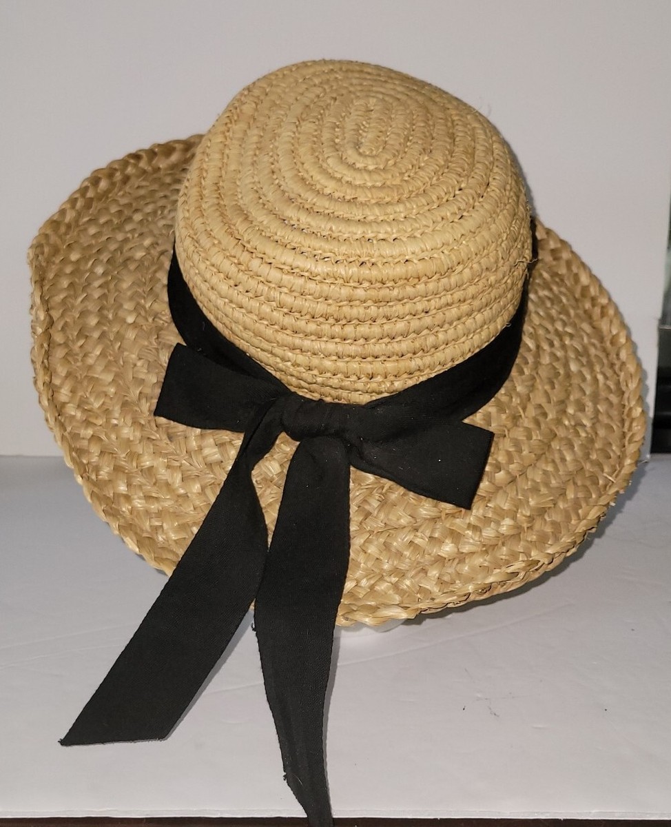 Natural Tan Woven Straw Wide Brim Black Grosgrain Ribbon Sun  display picture 3